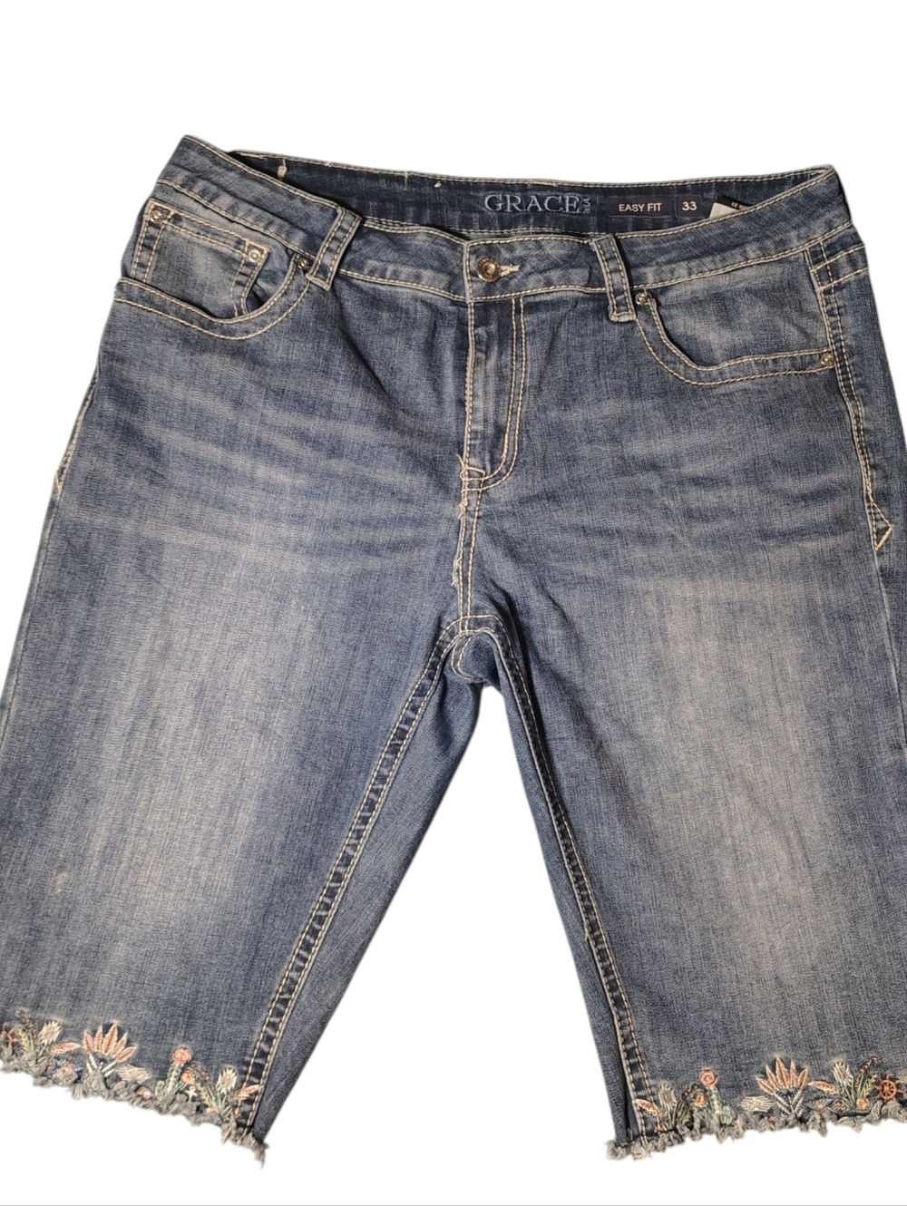 Grace In LA Bermuda Embroidered Denim Shorts Blue High-Rise Easy Fit Size 33